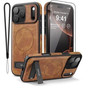 Brown Iphone 17 Pro Max Invisible Stand Protective Slim Kickstand Leather Case